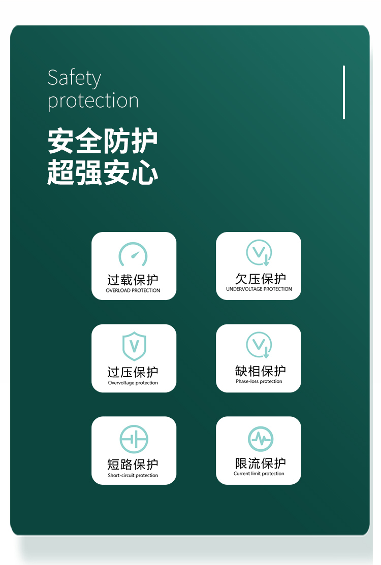 安全防護 超強安心。對過載、欠壓、過壓、缺相、短路、限流等狀況實現智能保護。
